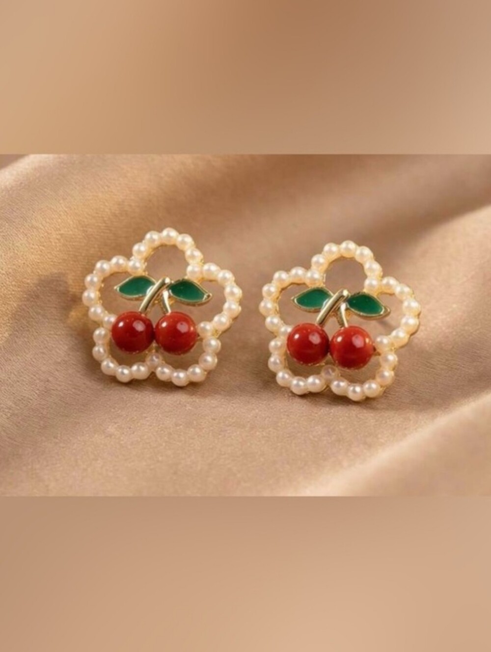 Pearl Cherry Stud Earrings - Red & Green Floral Design